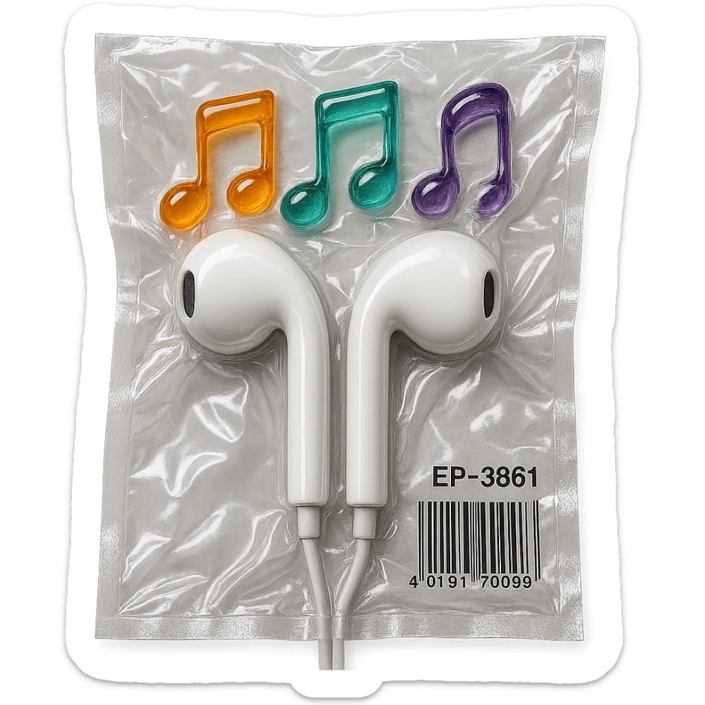 pair of white EarPods with three colorful transparent music notes in orange, teal, and violet arranged above, shiny and puffy sticker