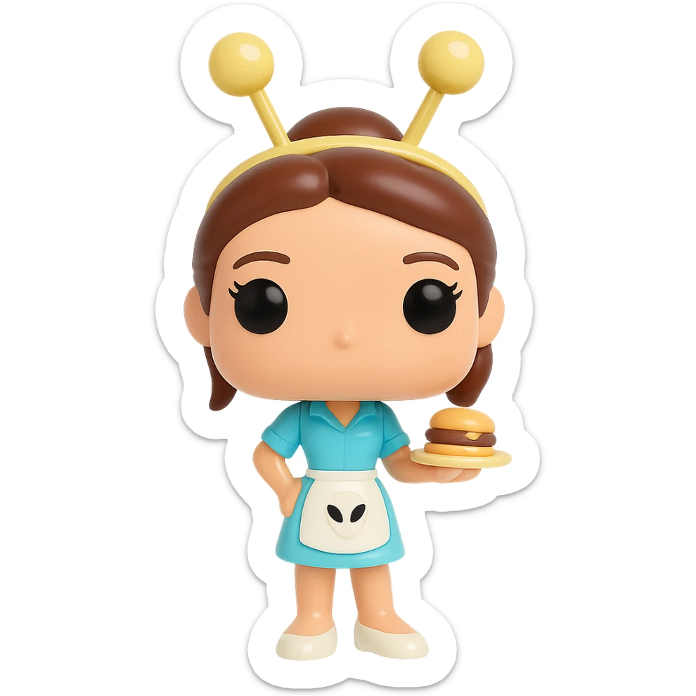 Create a Funko Pop style vinyl figure of Liz Parker from the Roswell series. She is wearing a light blue Crashdown Café waitress outfit with a white apron featuring an alien logo. She has a golden antenna headband, brown tied-up hair, and a friendly expression. She is holding a tray with a hamburger. The background should be transparent. sticker