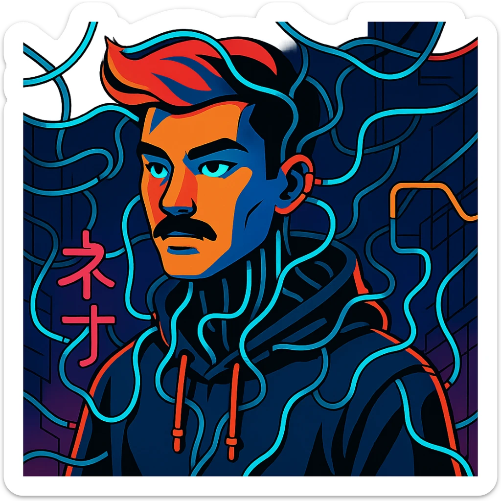 Add electric wires connecting to the body of the Asian man with black mustache, red hair, black hoodie, neon lights, Japanese cyberpunk anime style sticker