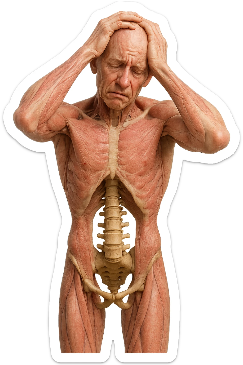 CORPO UMANO ANATOMICO con spina dorsale in evidenza, molto stanca e stressata mentre si tiene le mani sulla testa, IPERREALISTICO 4K sticker