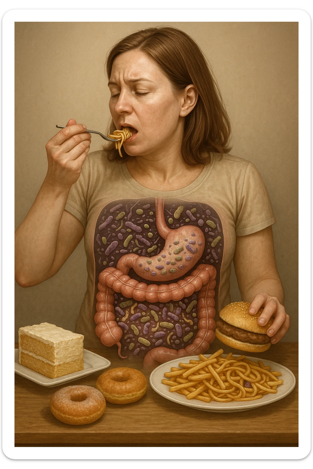 donna con batteri cattivi pieni nel suo intestino immagini realistiche mangia alimentazione ricca di glutine e zuccheri alimentando tutti i batteri cattivi sticker