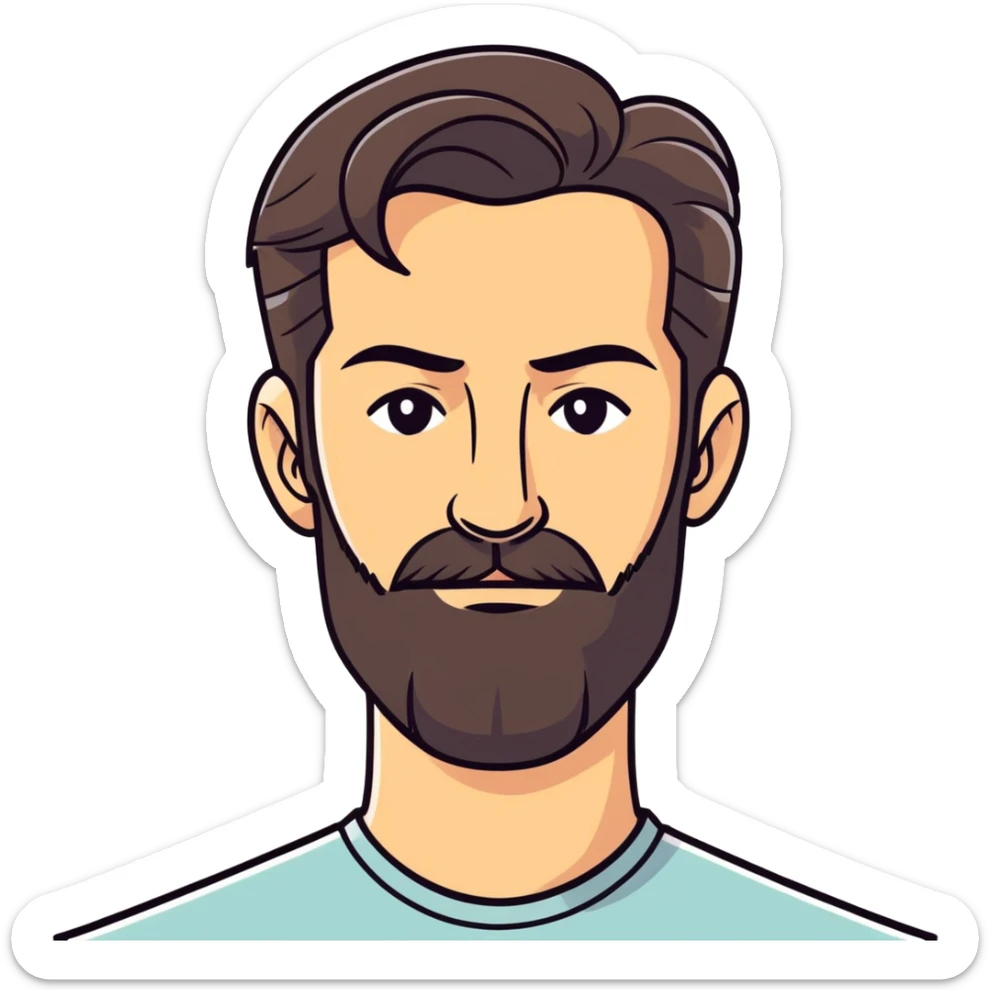 45-year-old man, brunette, hair slicked back, symmetrical facial features, medium nose, strong chin, espagnol beard sticker