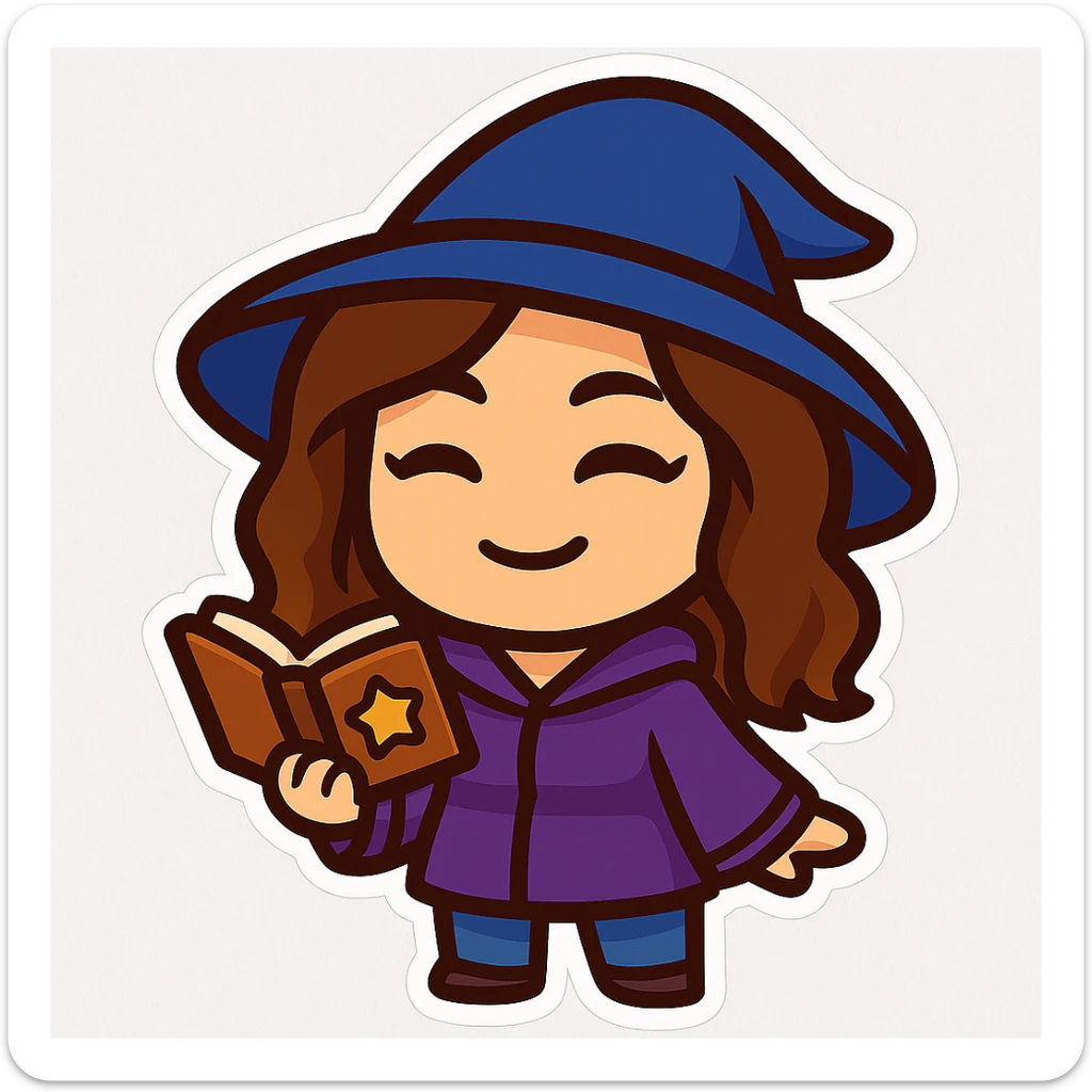 Sticker style chibi emote of the woman from the reference images, wearing a purple hoodie and jeans, with a wizard hat, holding a magic book, no headband, no sparkles, transparent background. sticker
