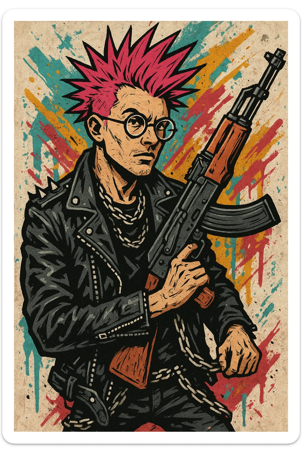 A punk guy with pink hair, wearing Harry Potter glasses, and holding an AK-47 sticker