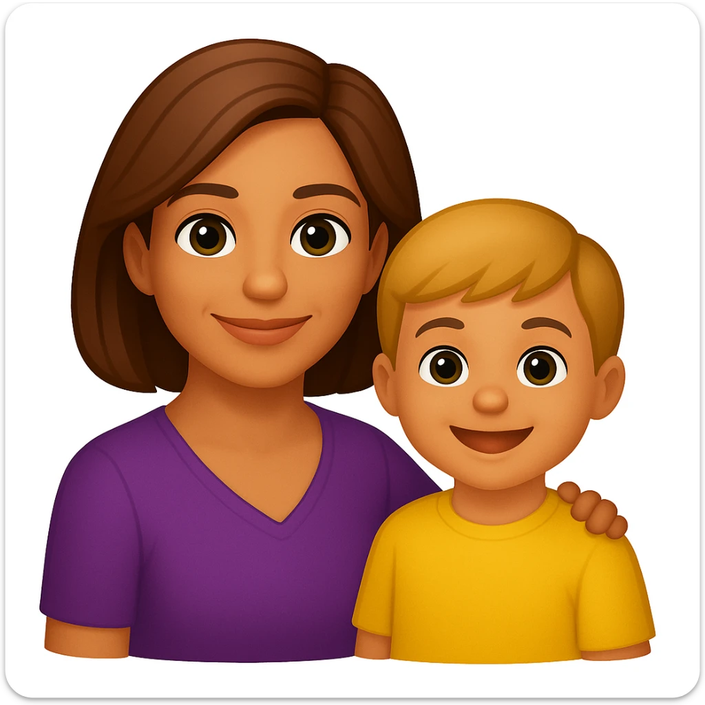 Create an image of a confident mom with a child by her side in the style of apple emojis. The style is emoji, which does not support text editing, so use the general style editor to replicate the emoji look. sticker