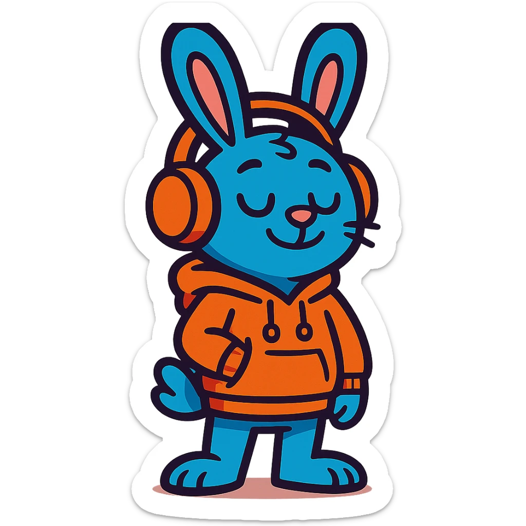 blue bunny in hoodie, one paw in pocket, headphones on, vibrant-toon style sticker