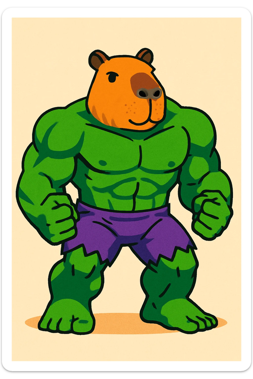 the Hulk, but his face is replaced with a capybara's, vibrant and playful illustration sticker