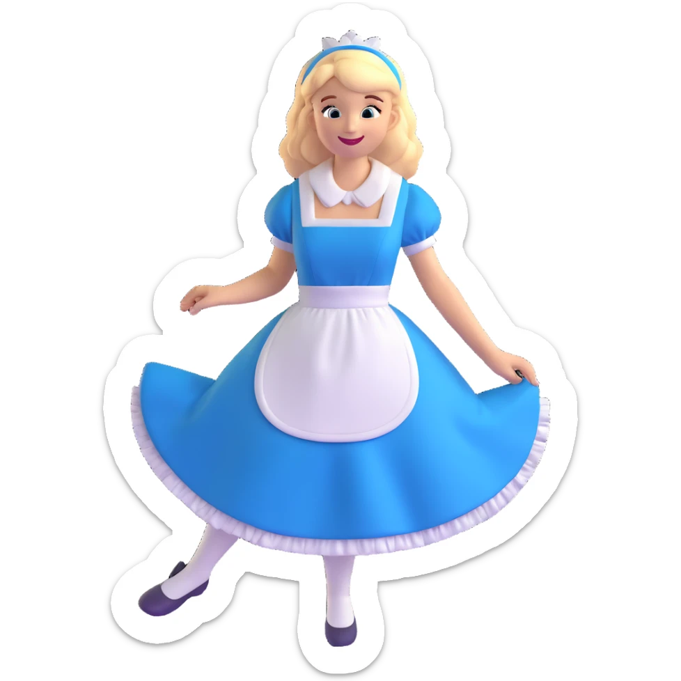 Disney's Alice in Wonderland with a big smile while curtseying in her blue dress with white apron sticker