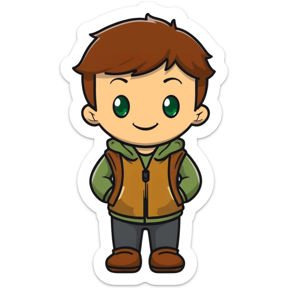 Rudeus Greyrat smiling warmly, green eyes, short brown hair, wearing travel clothes, friendly and kind expression sticker