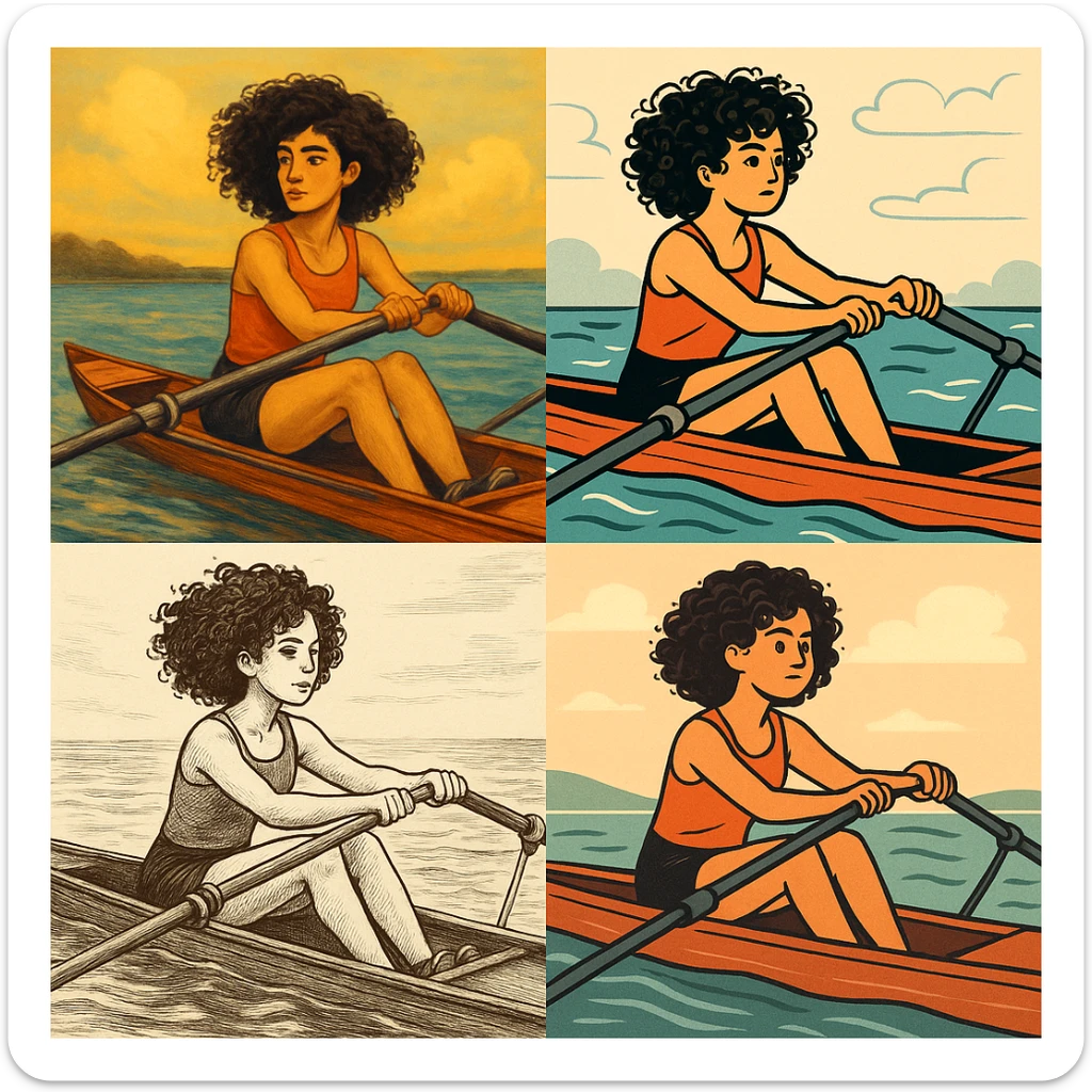 kıvırcık saçlı, kürek çeken kız, farklı stillerde sticker