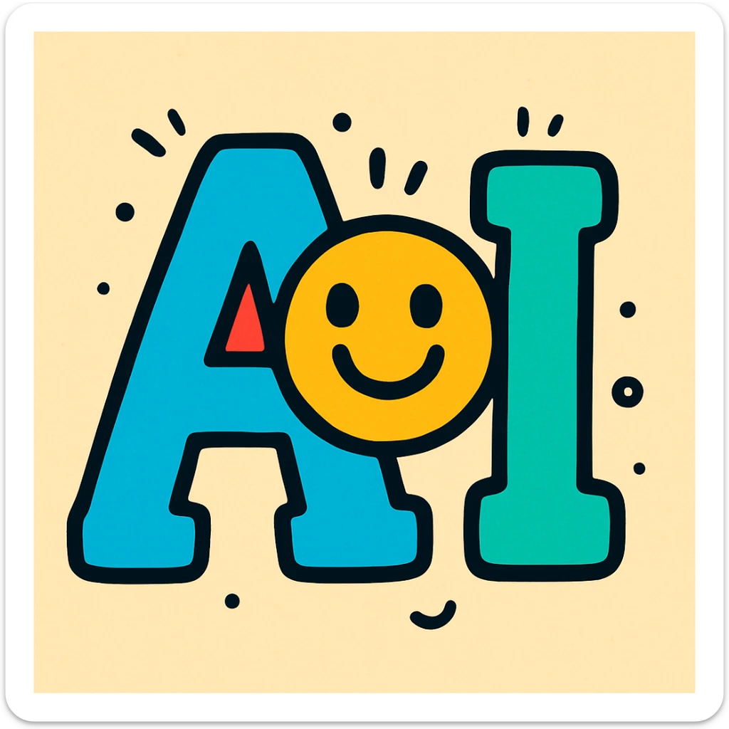letters 'AI' in a playful, cartoon style with bright colors and a smiling face incorporated sticker