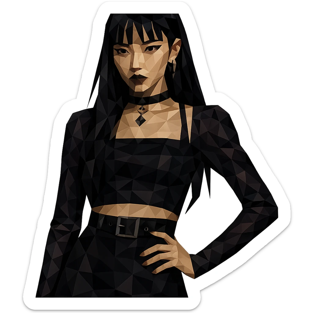 K-pop inspired gothic girl, polygonal style, geometric shapes, dark color palette, stylish stage outfit sticker