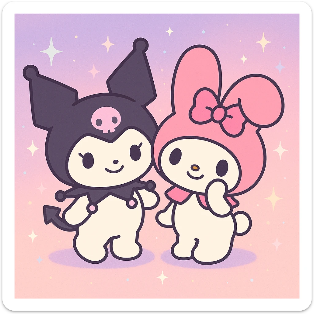 Kuromi and My Melody together, anime style, soft pastel palette, gentle smiles, magical background sticker