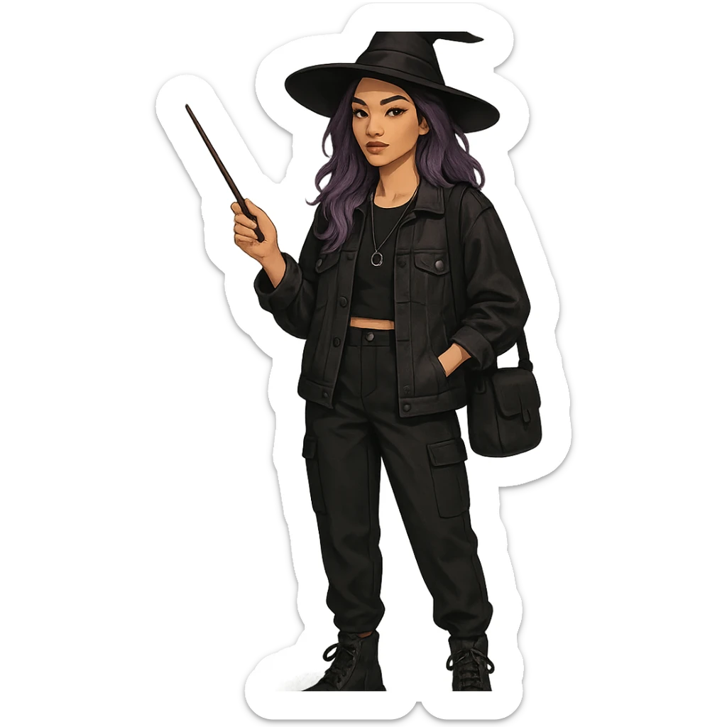 modern interpretation of a witch, youthful, purple hair, trendy clothing, urban style sticker