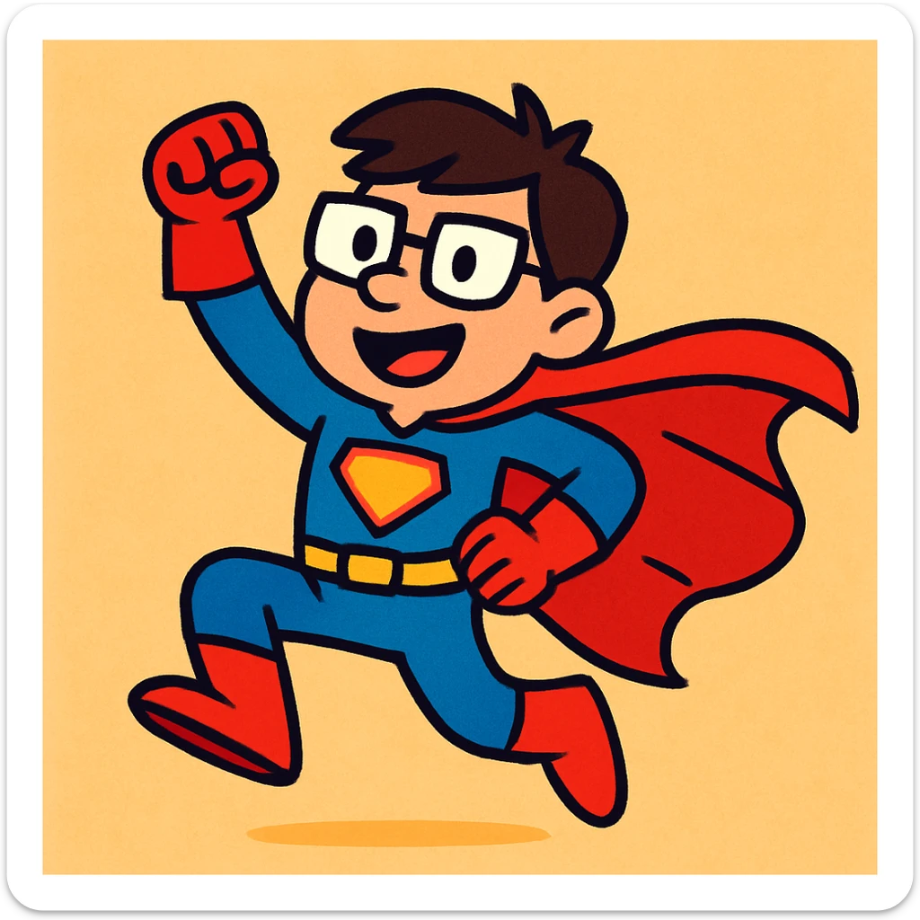 playful cartoon-style illustration of a user as a superhero, bright colors, bold outlines sticker