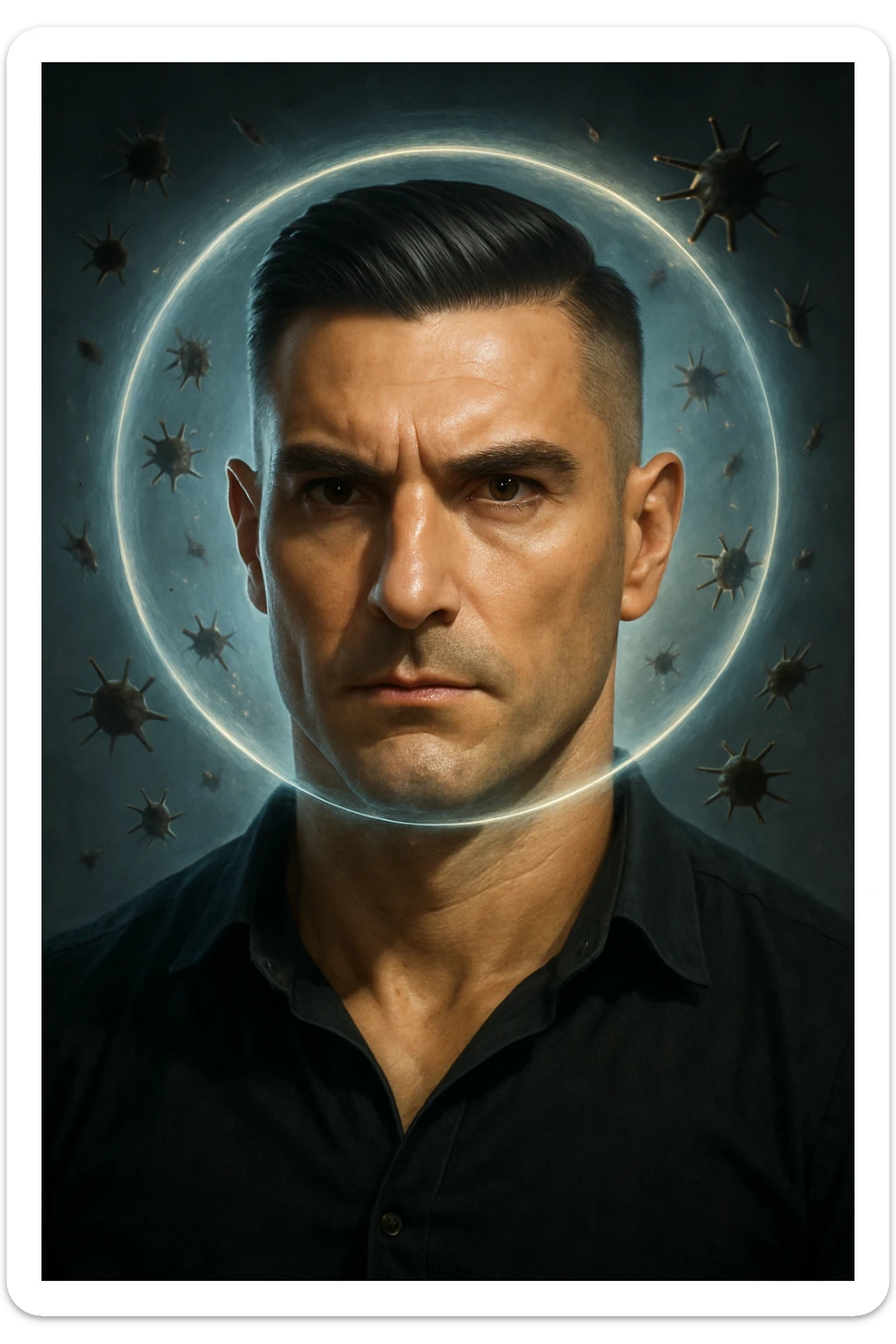 Vertical portrait of a man's face in a realistic style with a serious and confident expression. Small stylized parasites are being repelled by a transparent protective aura around the face, creating an atmosphere of health and defense. sticker
