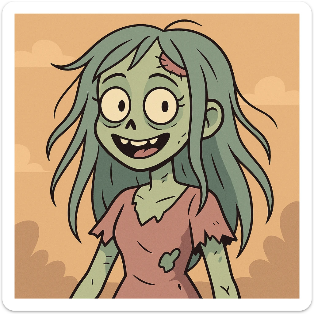 a zombie girl with long wispy hair, cute cartoon style, colorful, friendly expression sticker