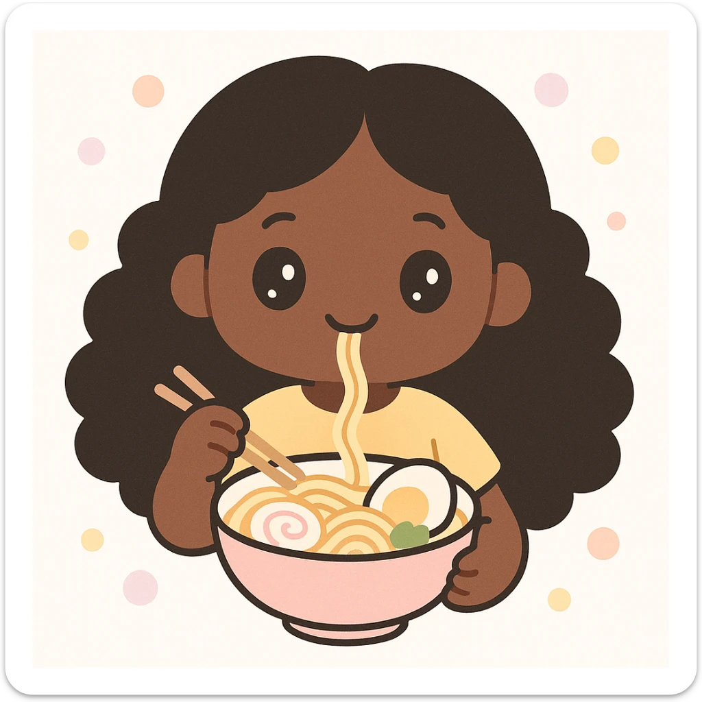 dark skin African American girl with long curly black hair, wearing a yellow shirt, eating a bowl of ramen, kawaii style sticker