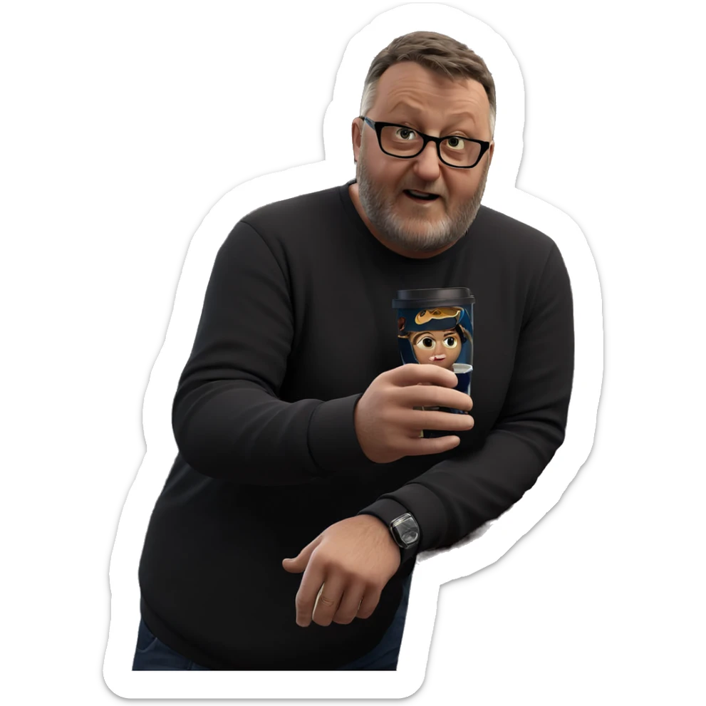 casual male indoors with cup sticker