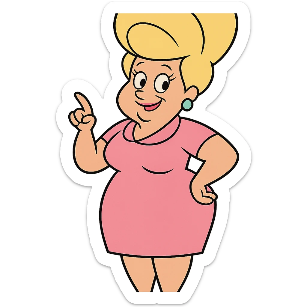Bunny Bravo from Johnny Bravo, older woman with beehive hair, pink dress, cartoon style sticker