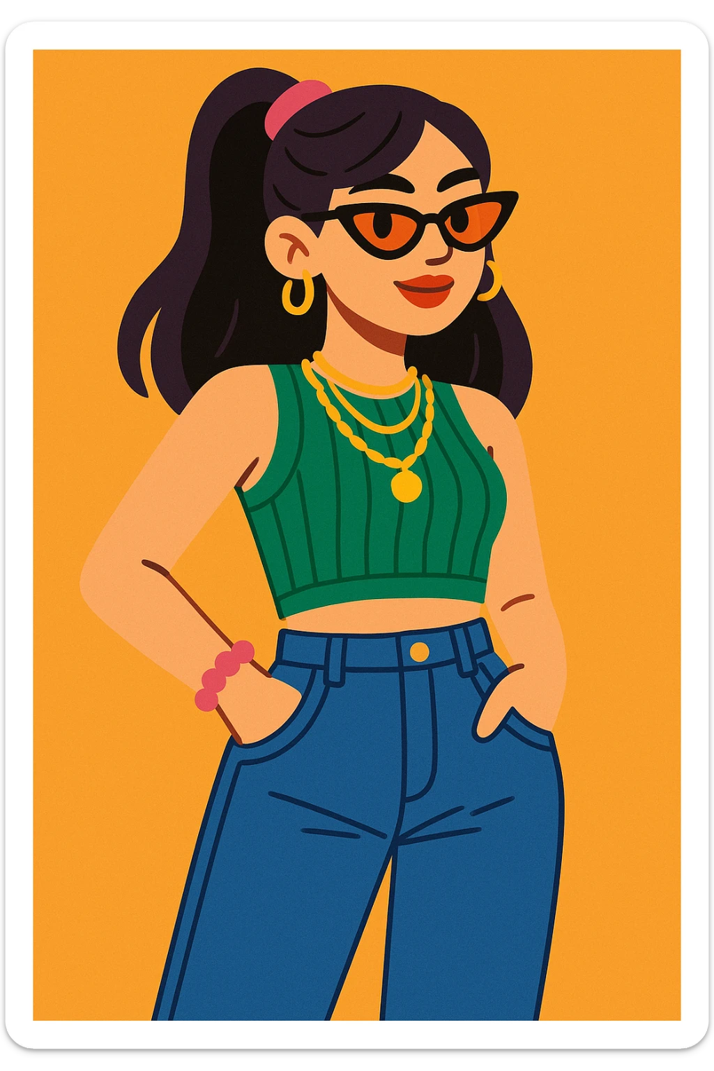 dressed up woman in a cool Gen Z look, crop top, high-waisted jeans, layered jewelry, casual and stylish sticker