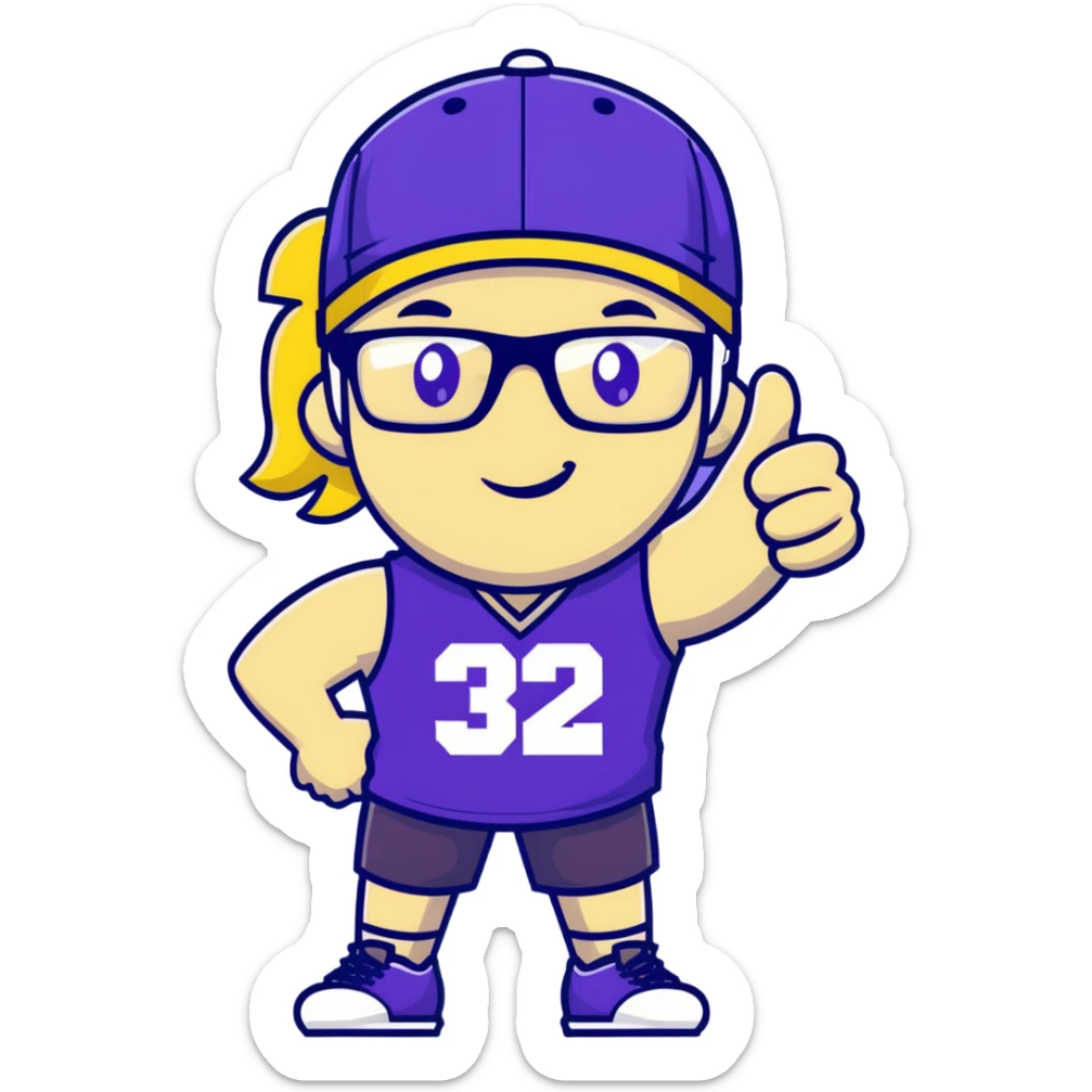 Man with black and white cap, purple sports jersey with number 32, clear glasses, disheveled light blond mullet hairstyle, thumbs up gesture, relaxed expression sticker