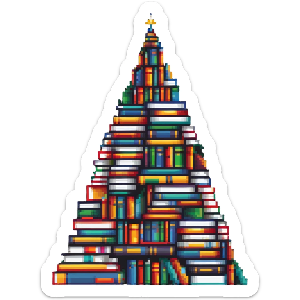 A mountain peak made entirely of colorful stacked books reaching high sticker