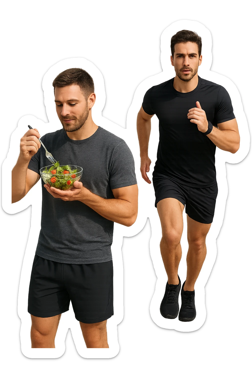 UOMO FITNESS CHE MANGIA INSALATA ACCANTO A UOMO FITNESS CHE CORRE IN POSA FRONTALE sticker
