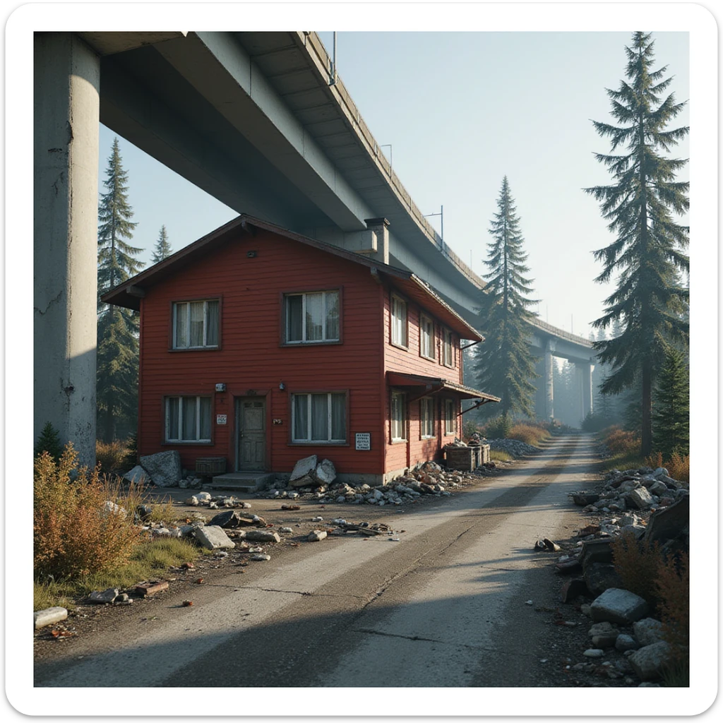  a screenshot of a location in a videogame  the image of the scene consists of:  [above-ground train freeway partially collapsed], a red 1980's construction wooden motel painted red, surrounded by war-torn pollution wreckage, wooded area sticker