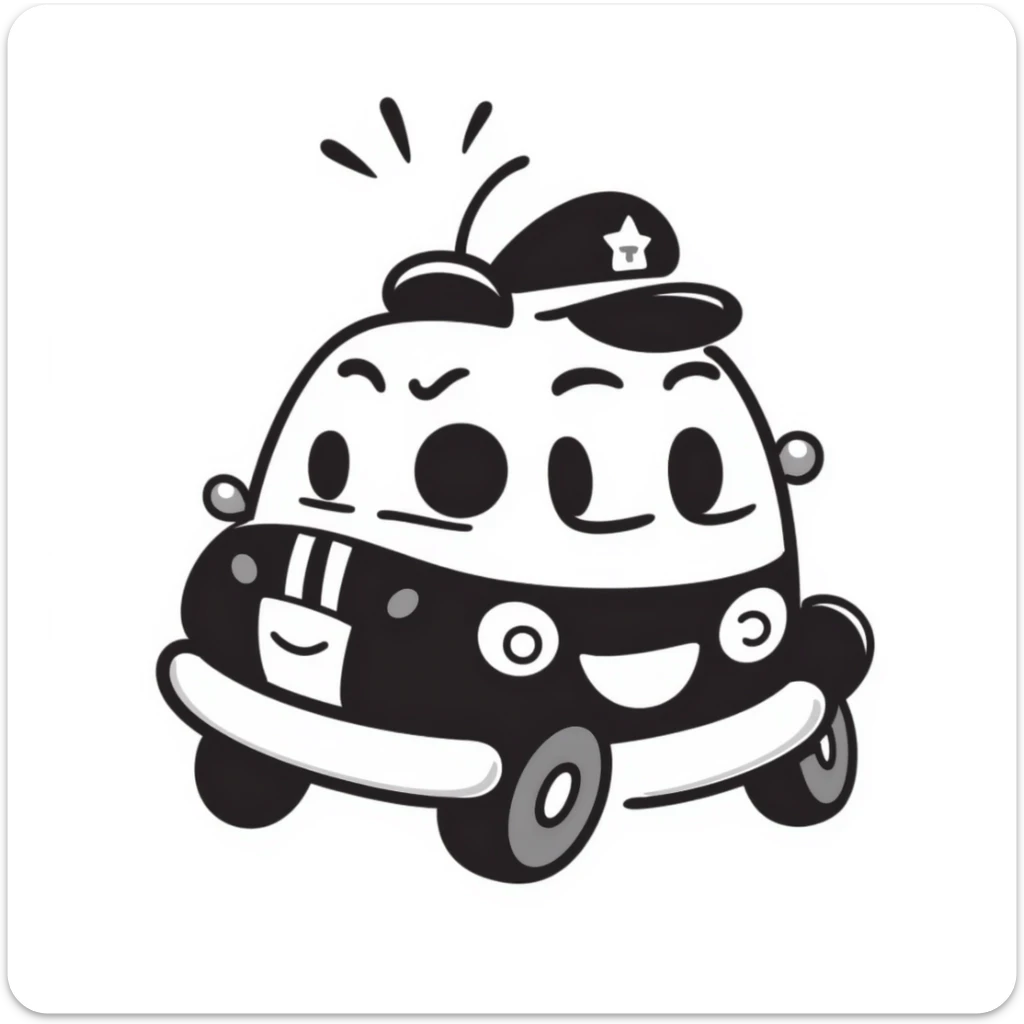 A hand-drawn police car with a determined, friendly face and a police hat sticker