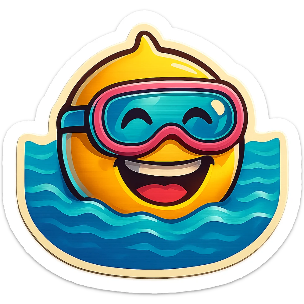 Add swimming goggles to the yellow smiling face emoji that is partially submerged in blue water with gentle waves. Keep the dynamic and fun design style consistent with the original. Maintain the transparent background. sticker