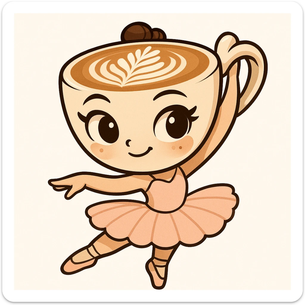 Create a cartoon emoji-style character of a ballerina with a cappuccino cup for a head, expressive eyes, and a tutu. Capture the whimsical, cute, and lively vibe, with a similar pose and lighting as the reference image. sticker