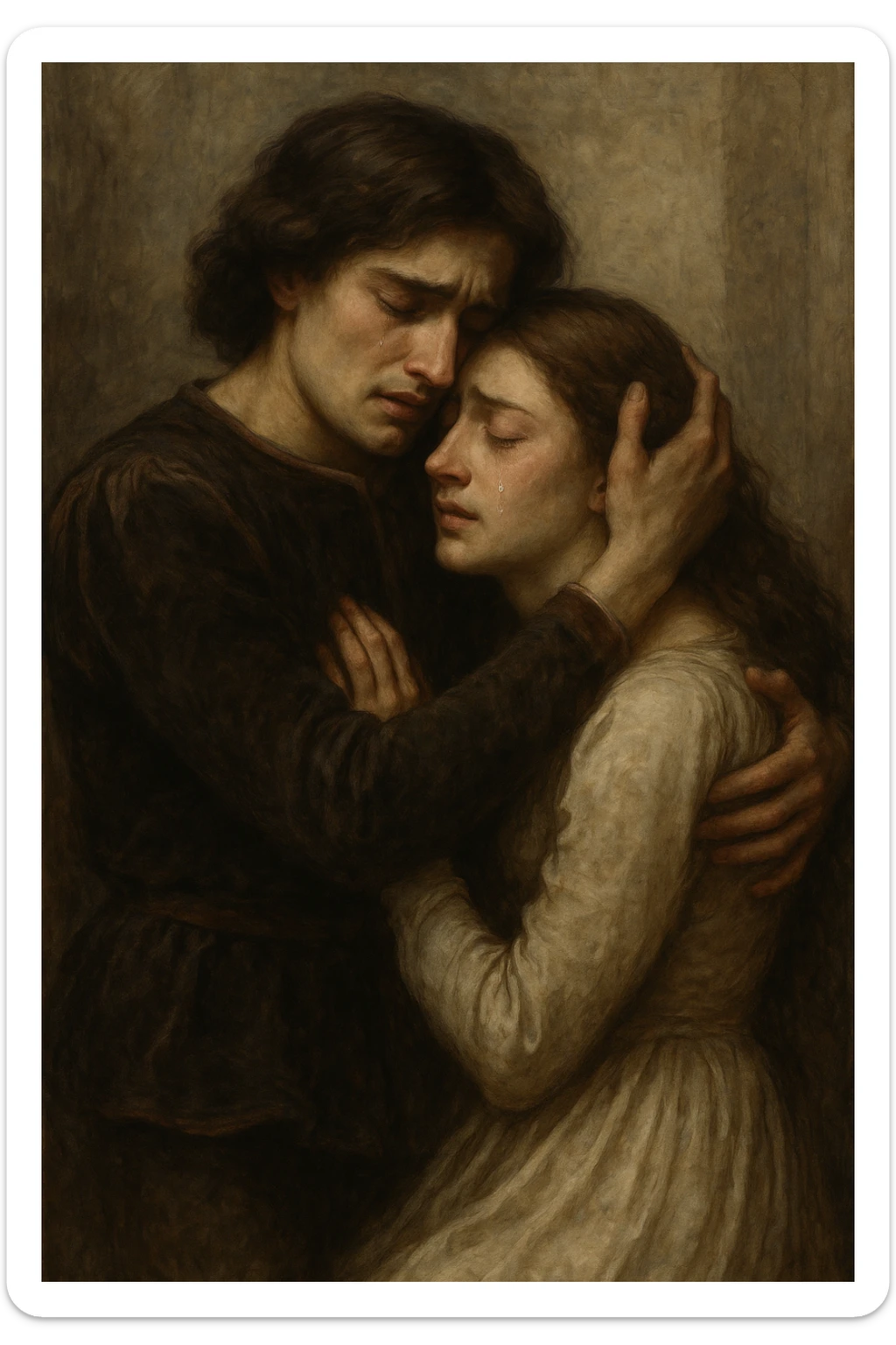 Romeo and Juliet in a tragic farewell embrace, emotional, subtle tears, muted colors, expressive and moving style sticker