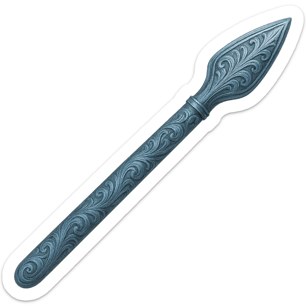 Recolor this weapon to match the blueish-gray steel color and ornate engravings of the reference helmet. Emphasize the cool metallic finish and detailed engravings, matching the helmet exactly. Transparent background. The style should reflect a cool metallic look with detailed engravings as seen in the helmet reference. sticker