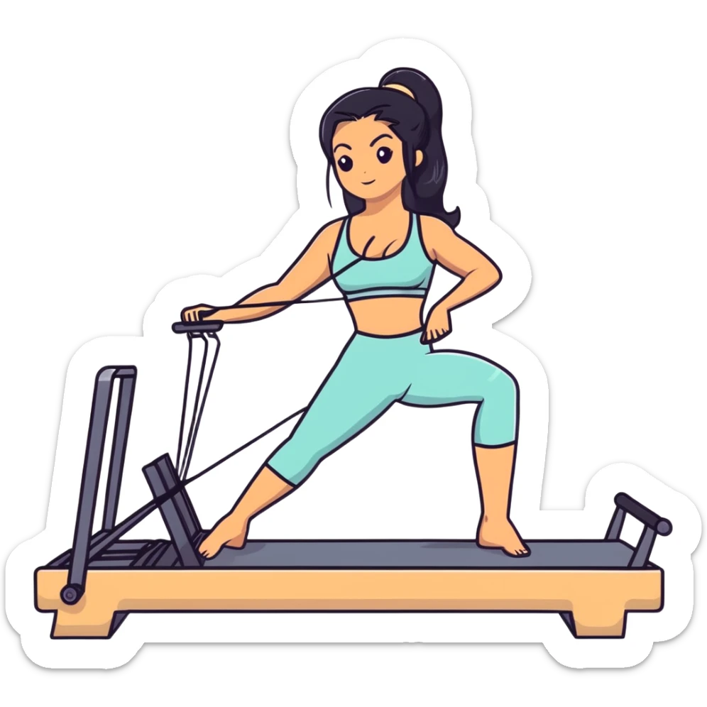 woman with bra, tanned long black hair, doing Pilates reformer sticker