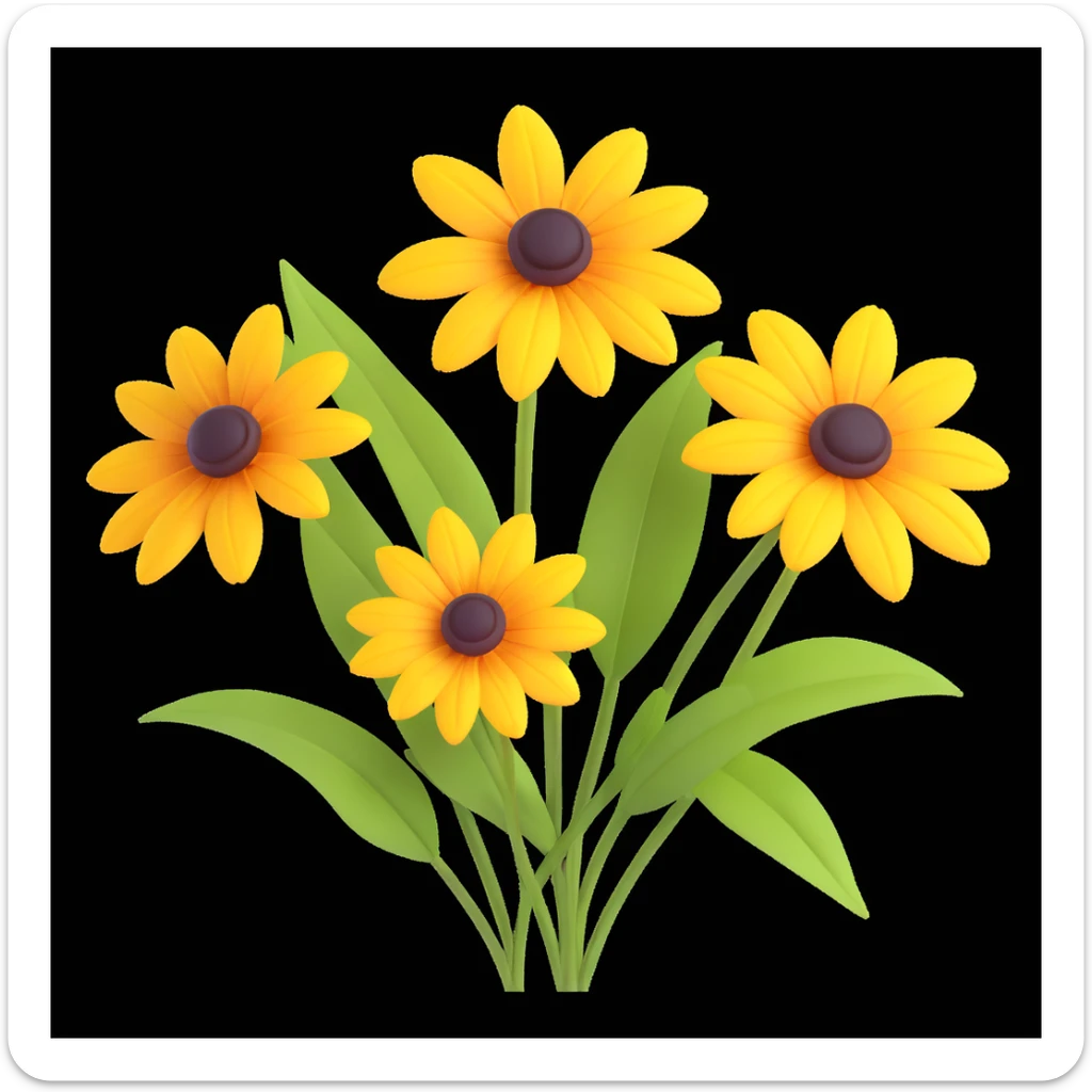 three yellow rudbeckia flowers with green leaves, 3D iOS style, soft shadows, realistic highlights, white background sticker