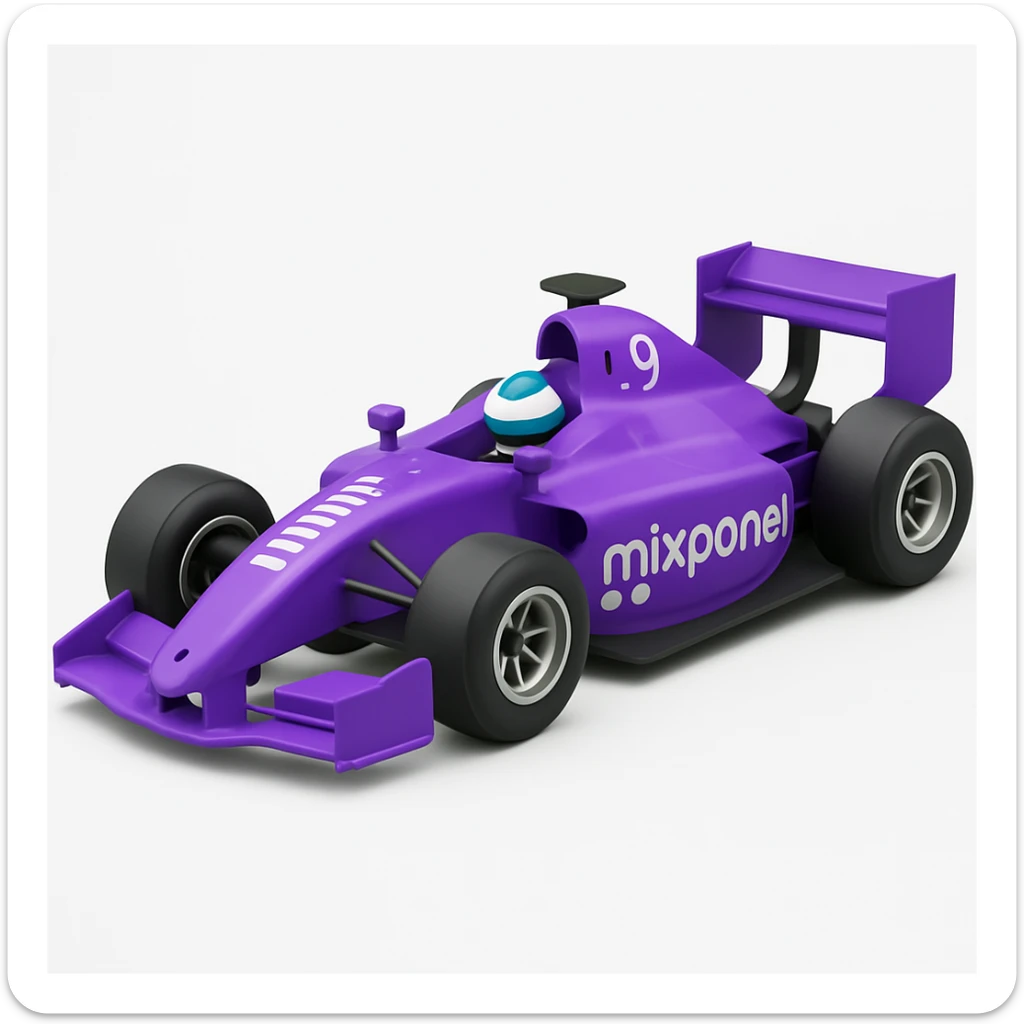 Add a Mixpanel logo to the F1 race car, keeping the purple and white color scheme and clean, modern look. Maintain the style and appearance of the original image. sticker
