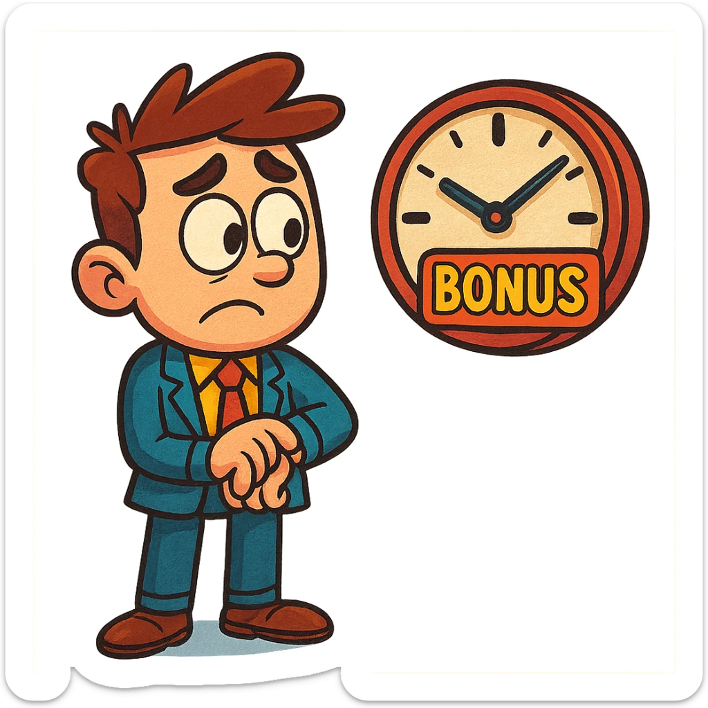 a cartoon character looking at a clock, waiting for a bonus slot, vibrant colors sticker