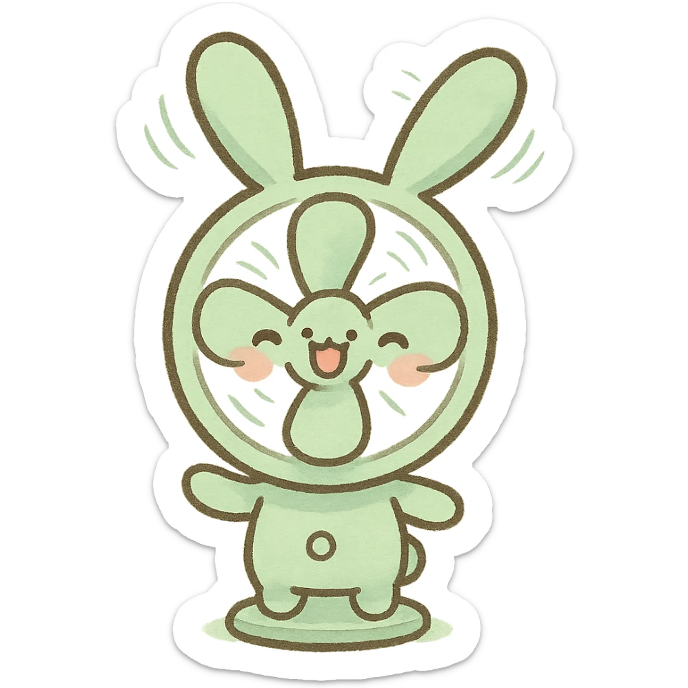 cute electric fan bunny with ears spinning like blades, cheerful face, pastel green, full-body sticker