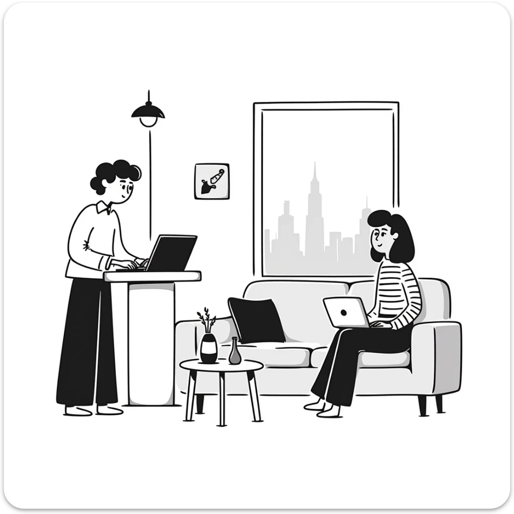 escenary 3d of a cozy mid-century living room with two people working on laptops, one man standing at a desk and one woman sitting on a couch sticker