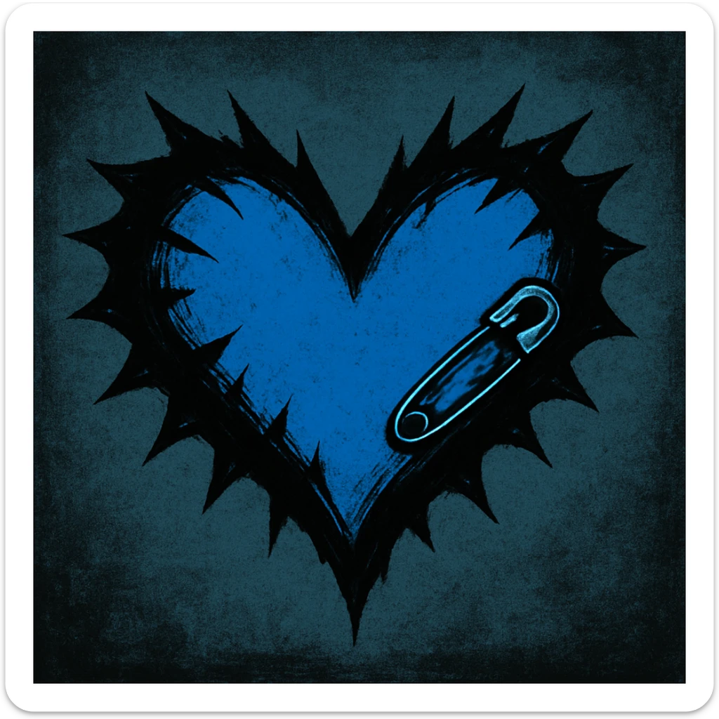 emo heart with jagged edges, black and blue colors, small safety pin detail, modern emo aesthetic sticker