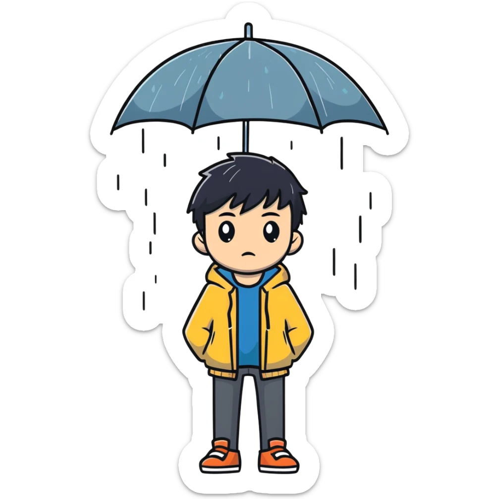 Anime-style teenage boy with dark hair standing in the rain, looking melancholic sticker