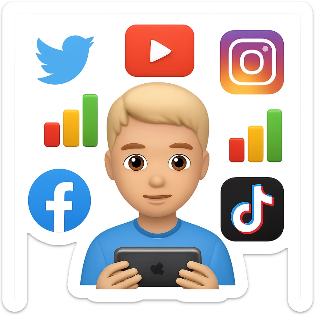 Add more social media icons around the person with charts in the style of apple emojis, with no background. sticker
