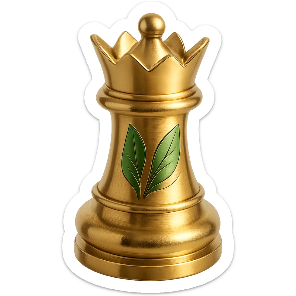 Add gold accents to the 3D king chess piece with green leaf details, maintaining an elegant and polished look, no background. sticker