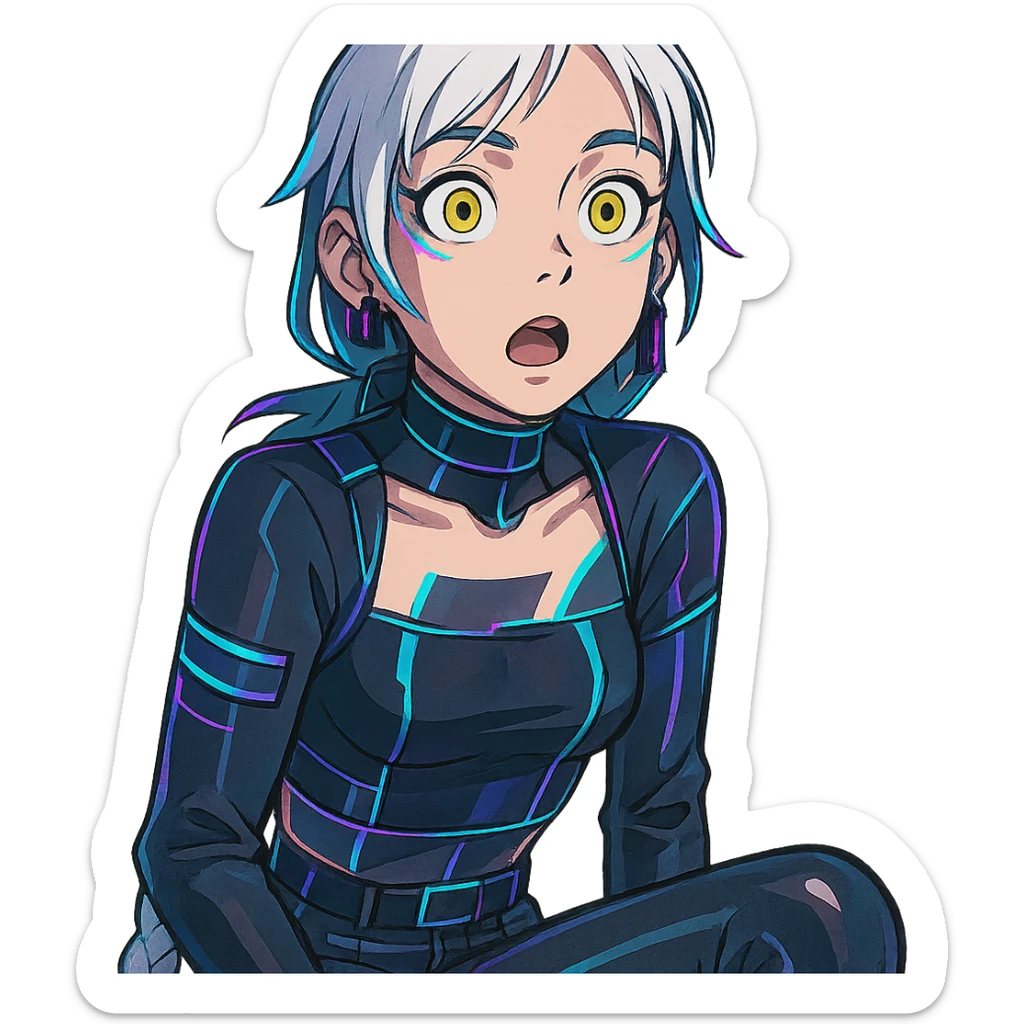 a shocked facial expression, a closeup portrait of young woman with gold yellow eyes, white hair, long braid, black off-shoulder top d-cup, punk gothic style, futuristic cyberwave cyberpunk, sitting position sticker