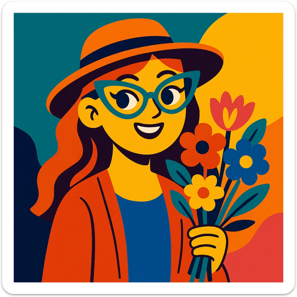 a girl with an oval face, cat eye glasses, a stylish hat, and a bouquet of flowers in her hand, vibrant cartoon style sticker