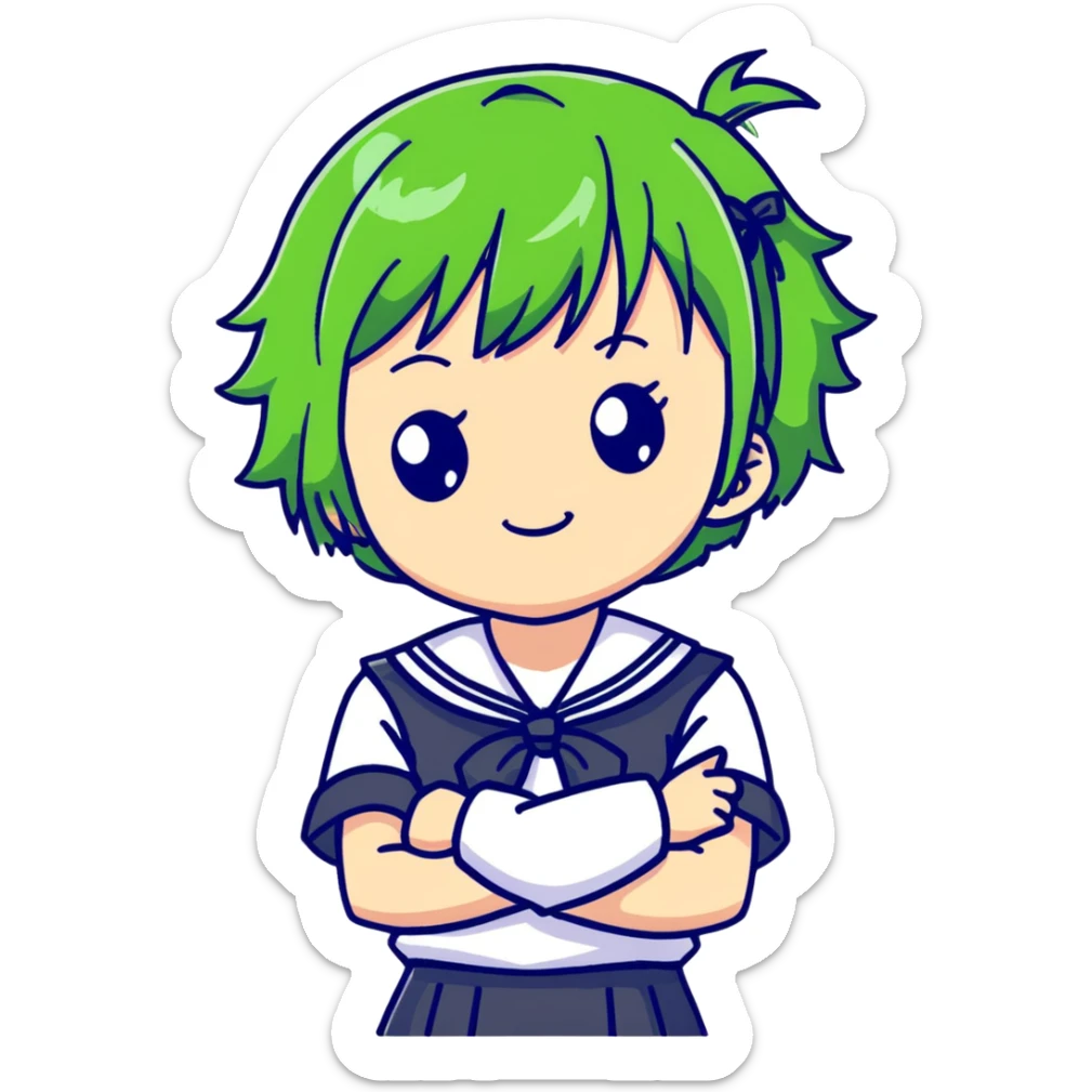 Mischievous anime girl with green short messy hair wearing Japanese sailor style school uniform, smirking and plotting, kawaii style sticker