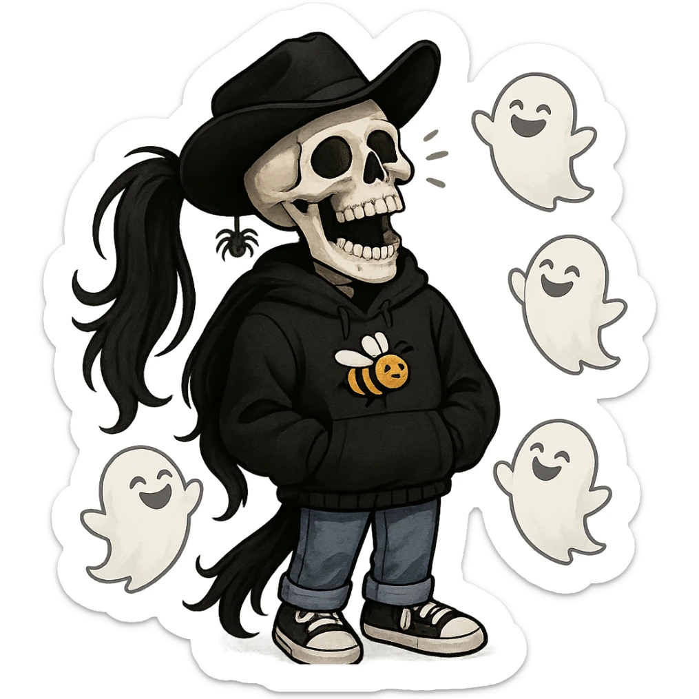 a skeleton in a bee-themed black hoodie, long black hair in a ponytail, black cowboy hat with a spider keychain, joyful and laughing, blue jeans, black and white tennis shoes, hands mostly hidden, small ghosts laughing around him sticker