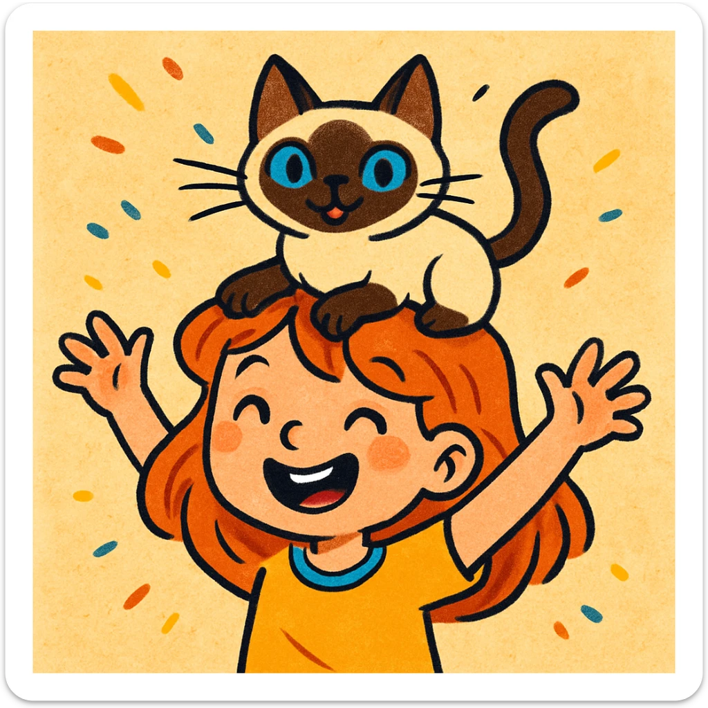 a cute girl with a siamese cat on her head, playful illustration, lively and fun sticker