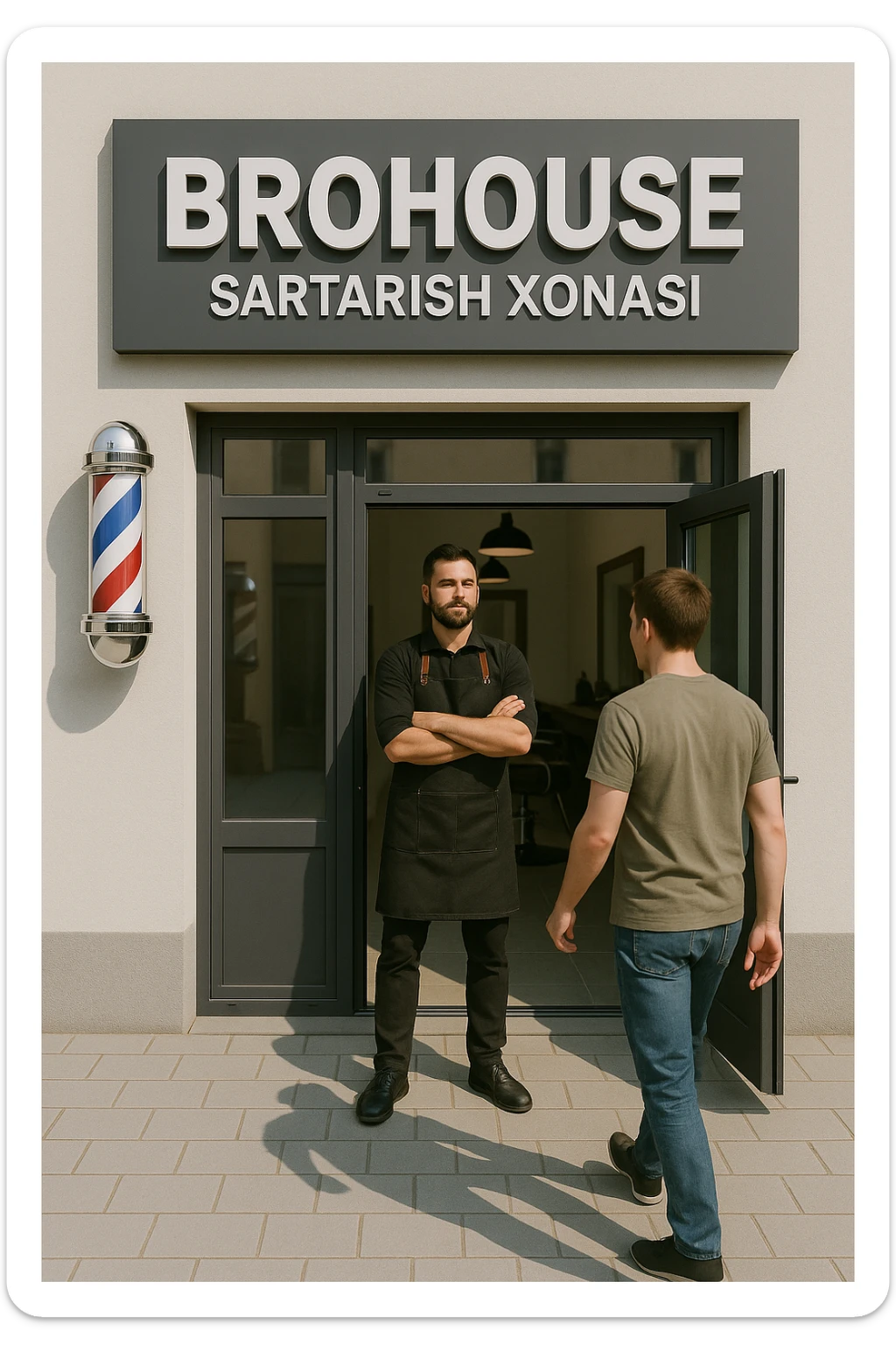 eni shu rasimga boyagi sartaosh oka eshik oldida tursin va tashqarida esa mijoz sticker